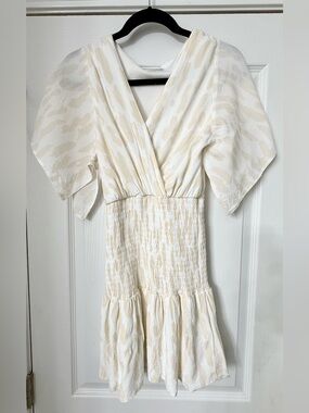 Vestique Cream Smocked V-Neck Mini Dress